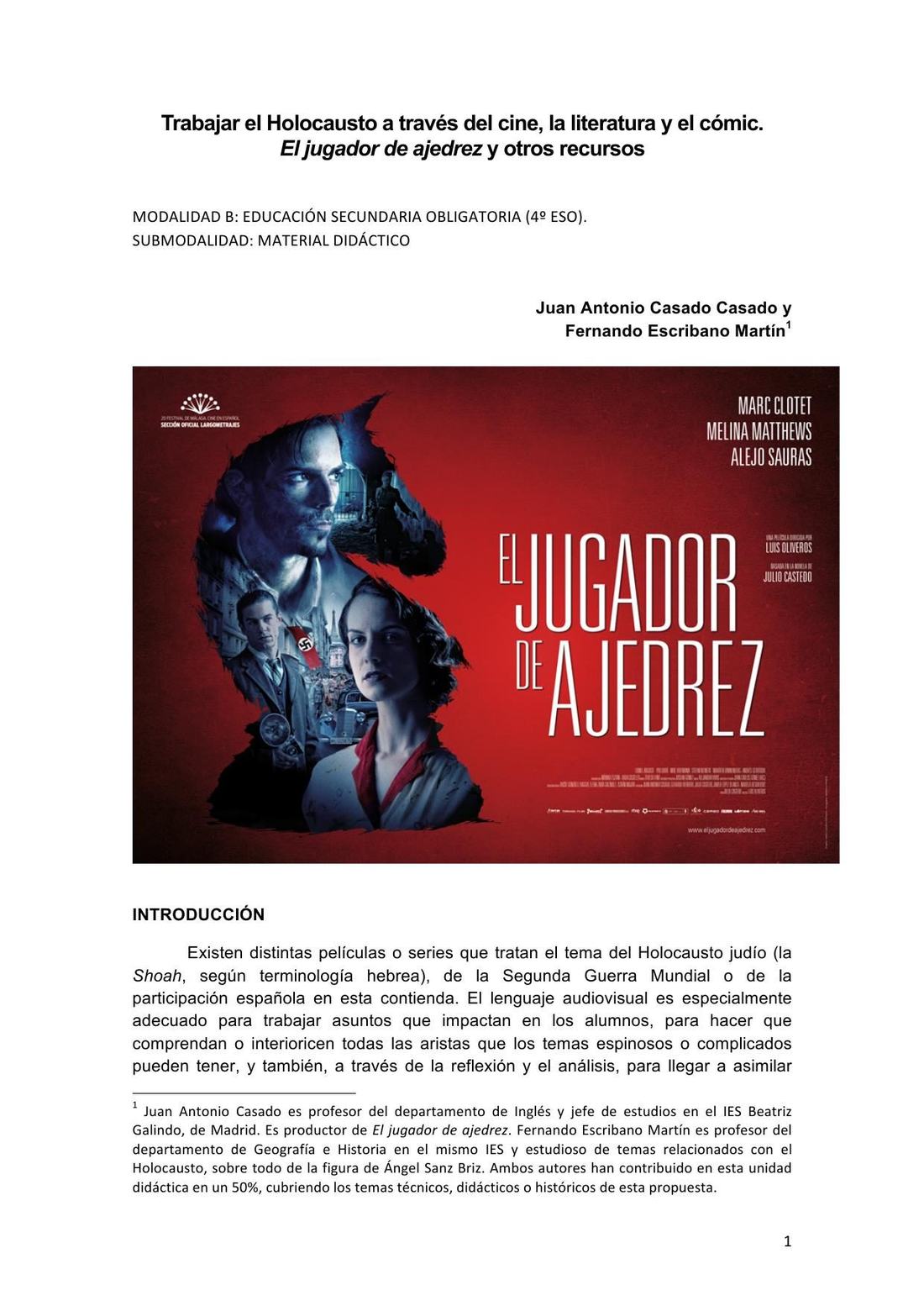 Portada de la unidad didáctica Trabajar el Holocausto a través del cine, la literatura y el cómic: El jugador de ajedrez y otros recursos