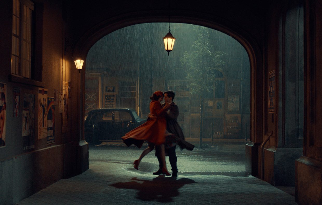 Diego y Marianne bailando bajo la lluvia