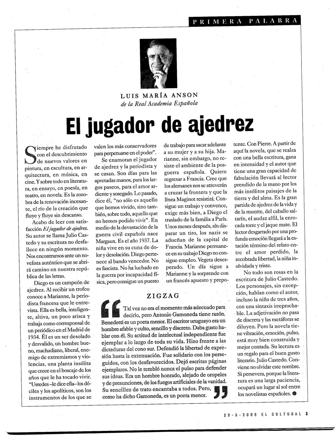 Crítica de la novela El jugador de ajedrez por Luis María Anson, El Cultural (El Mundo)